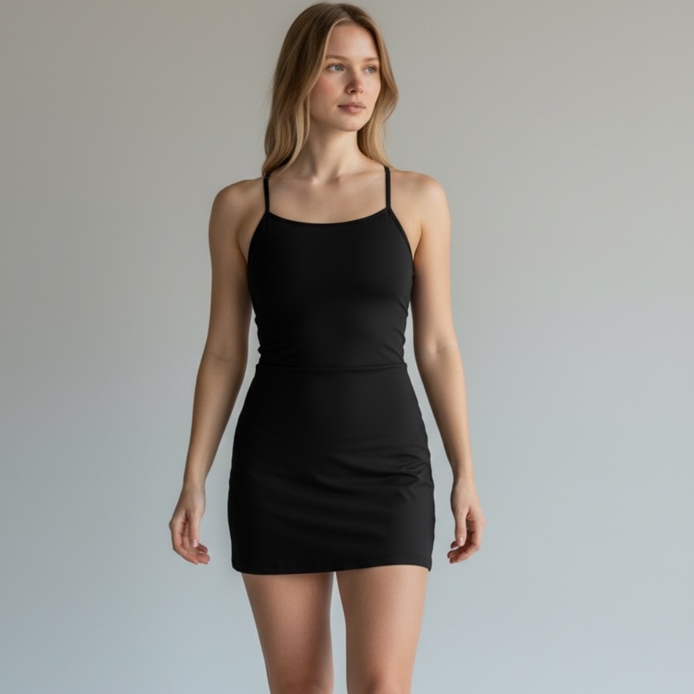 Alo Yoga Tennis Dress Black Med Alosoft Courtside Adj Straps Built in Shorts